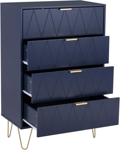 GOOBUY Chest of Drawers with 4 Drawers, Wooden Bedroom Como, Living Room Furniture, Gold Handles and Legs, 34 x 60 x 91 H cm, Blue