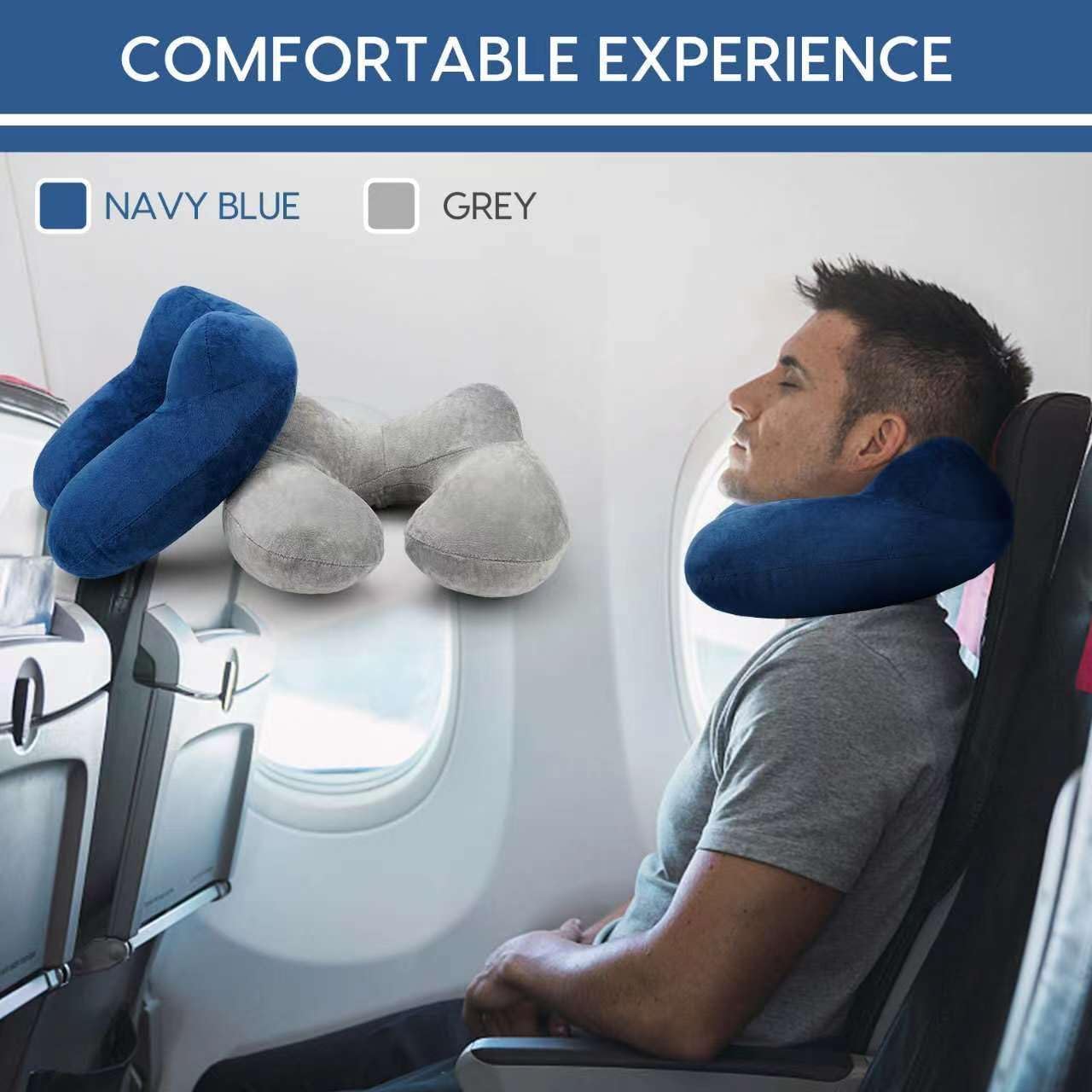 Travel Pillow, Inflatable Travel Pillow for Airplane Inflatable Neck Pillow for Traveling with Soft Velvet Washable Cover, Contoured Eye Masks, Earplugs and Luxury Bag (Navy Blue)