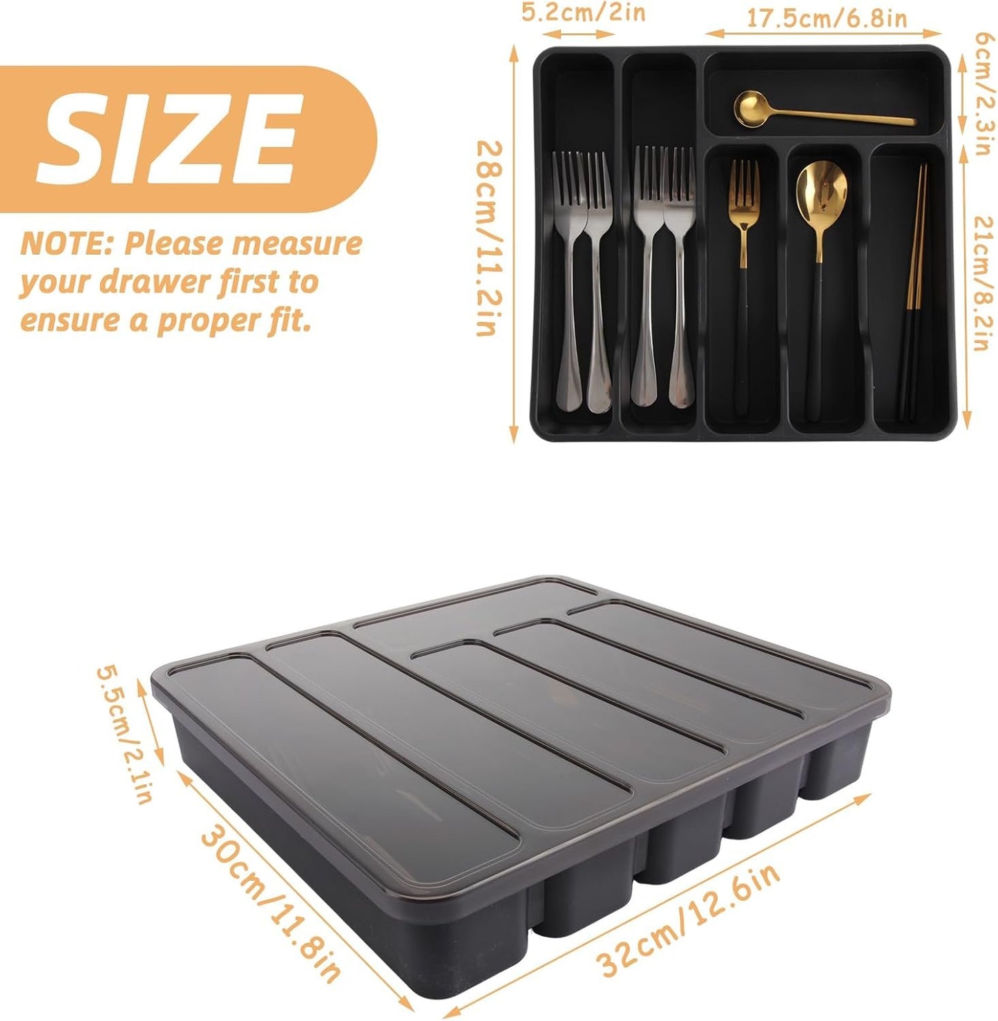 Silverware Organizer with Lid, Utensil Tray for Kitchen Drawer and Countertop, Plastic Cutlery and Flatware Storage Box for Spoons Forks Knives Holder Case, 6 Compartments, Black