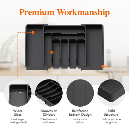 Lifewit Silverware Drawer Organizer, Expandable Utensil Organizer for Kitchen Drawers, Adjustable Cutlery and Flatware Tray, Plastic Spoons Forks Knives Holder Storage Dividers, Large, Black