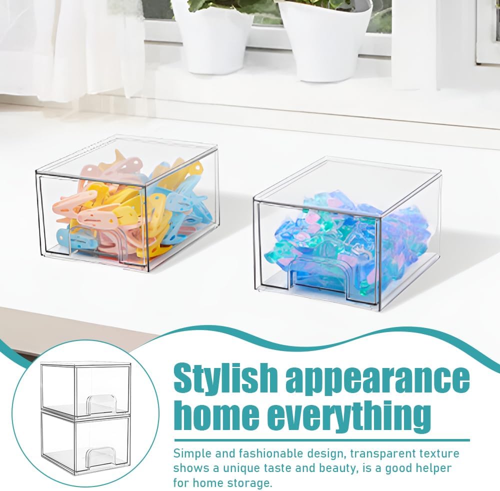2 Pack Stackable Cosmetic Storage, Portable Bathroom Organizers, Makeup Storage with Drawers, Clear Storage Box for Cosmetics, Skin Care, Hair Accessories (18.9 * 15.3 * 11.2 CM)