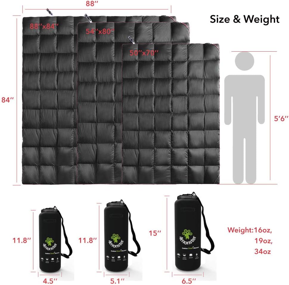 4Monster Down Camping Blanket - Outdoor Travel Quilt Puffy 650 Fill, Packable, Lightweight,Wind & Waterproof | Ideal for Stadium, Backpacking, Camping, Travel, Picnics, Beach and Hiking