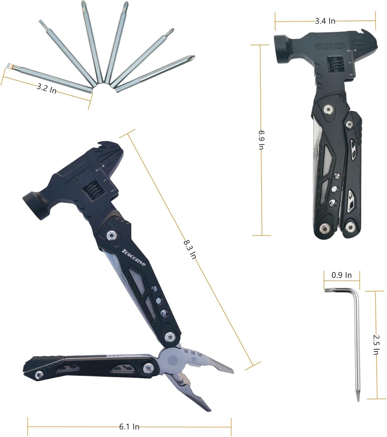 Tosconve Wrench Multitool Hammer, Multi Tool Hammer Pliers Wrench Knife with Screwdriver Wire Cutters Bottle Opener, Multi Purpose Multitool for Outdoor Camping Emergency Survival, Gifts for Men