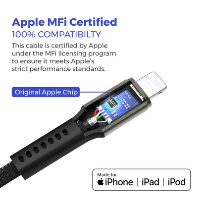 Comsol Rugged USB-A to Lightning Cable 1.2m Black [MFi Certified] Compatible with iPhone 14/13/12/11/X/8/7/ 6/5 iPad Pro/iPad/iPad Air