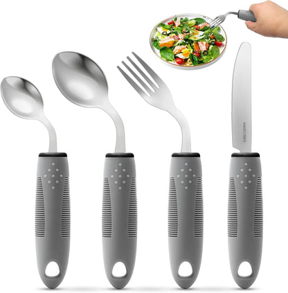 4-Piece Adaptive Utensils Set for Parkinson’s & Hand Tremors – 42° Angled, 2.5 oz Weighted Silverware – Easy-Grip Utensils for Seniors & Arthritis (Fork, Knife, Spoon)