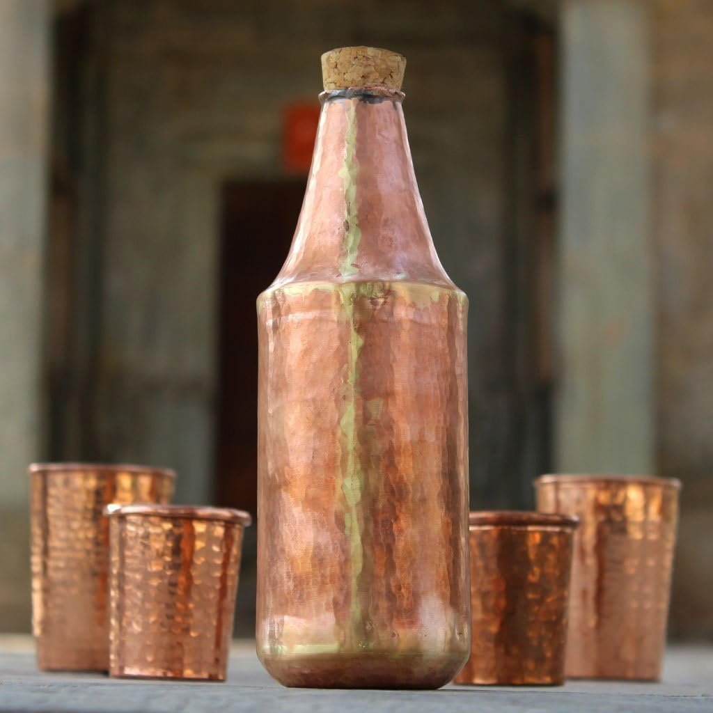 DeKulture Hand Hammered Pure Copper Water Bottle with Wooden Cork Lid (1 Liter) - Ayurvedic & Yoga Benefits, 3.5 x 9.5 (DH) Inches