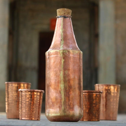 DeKulture Hand Hammered Pure Copper Water Bottle with Wooden Cork Lid (1 Liter) - Ayurvedic & Yoga Benefits, 3.5 x 9.5 (DH) Inches
