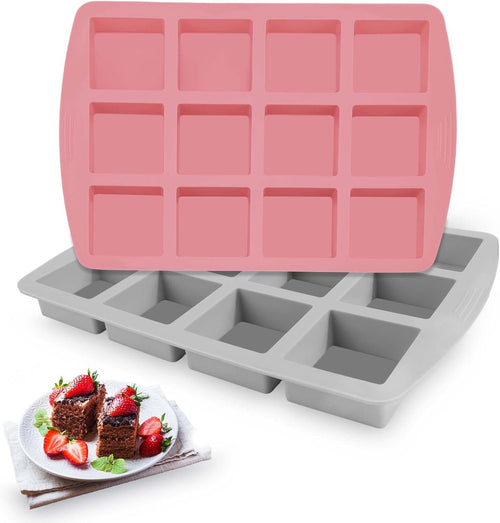 Vodolo Brownie Pan,2Pcs Nonstick Silicone Bite Size Brownie Pan with Dividers,12 Cavity All Edges Brownie Pan,Non Stick Cake Baking Mold