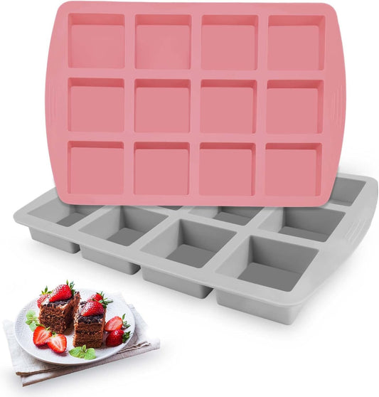 Vodolo Brownie Pan,2Pcs Nonstick Silicone Bite Size Brownie Pan with Dividers,12 Cavity All Edges Brownie Pan,Non Stick Cake Baking Mold