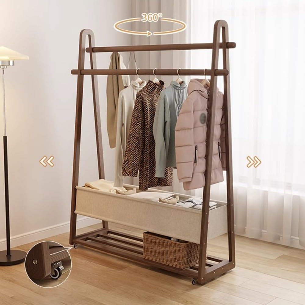 Generico Appendiabiti Elegante in Legno massello con Ruote - Appendiabiti Mobile per Cappelli e Vestiti per Ingresso e Camera da Letto - Design salvaspazio con Borsa in Tessuto per Una Facile organiz