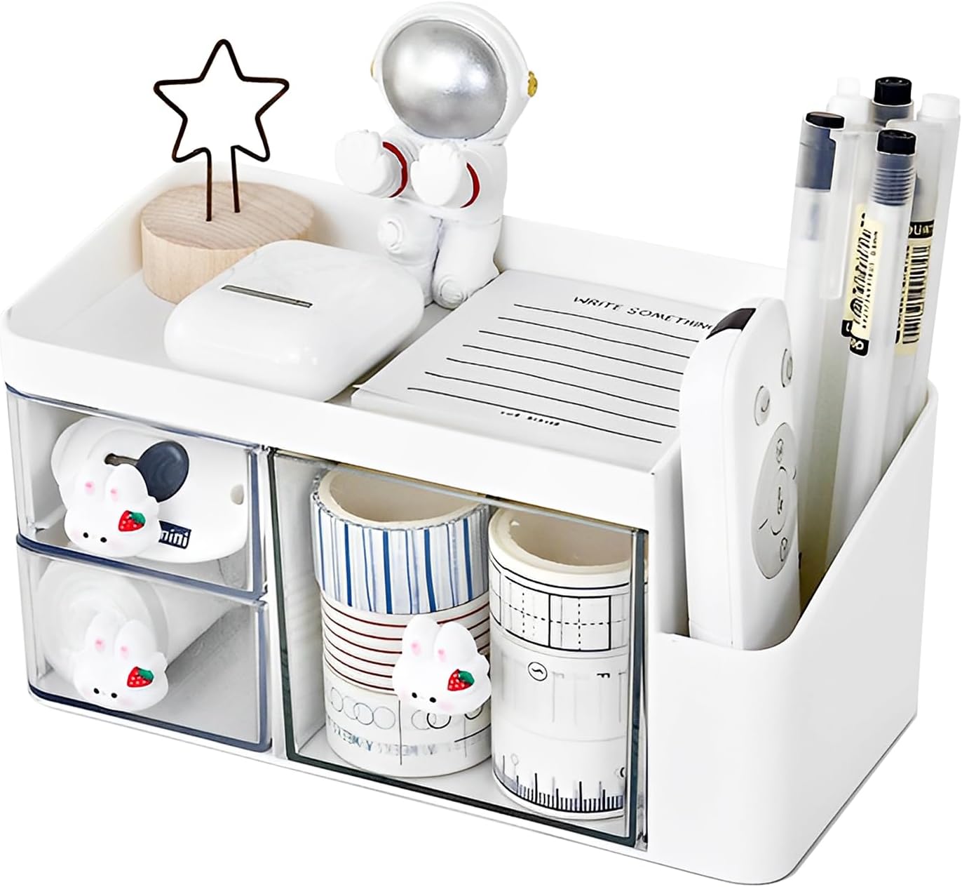 Marte Vanci Desk Organizer with 3 Drawers, Cute Desktop Stationery Organizer, Plastic Makeup Storage Box, Multifunctional Desk Accessories Tidy Caddy for Art Supplies Crafts White