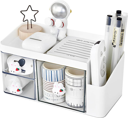 Marte Vanci Desk Organizer with 3 Drawers, Cute Desktop Stationery Organizer, Plastic Makeup Storage Box, Multifunctional Desk Accessories Tidy Caddy for Art Supplies Crafts White