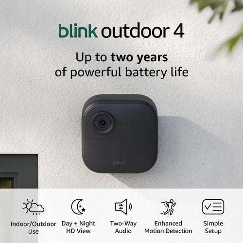Introducing Blink Outdoor 4 â€” Wireless smart security camera, two-year battery life, enhanced motion detection, two-way audio, HD live view, Works with Alexa â€“ Add-on (Black)