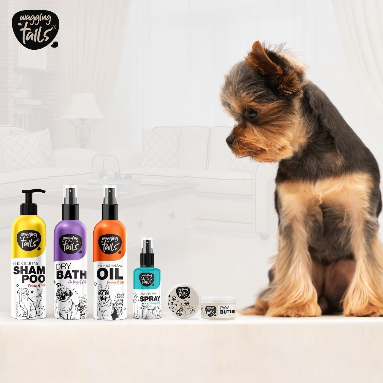 Wagging Tails 5-in-1 Grooming Kit for Pets | Shampoo 6.76 fl oz, Dry Bath 6.76 fl oz, Massage Oil 6.76 fl oz, Paw Butter 1.76 fl oz & Paw Spray 3.38 fl oz | Natural Ingredients | Ideal Gift for Pets