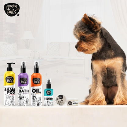 Wagging Tails 5-in-1 Grooming Kit for Pets | Shampoo 6.76 fl oz, Dry Bath 6.76 fl oz, Massage Oil 6.76 fl oz, Paw Butter 1.76 fl oz & Paw Spray 3.38 fl oz | Natural Ingredients | Ideal Gift for Pets