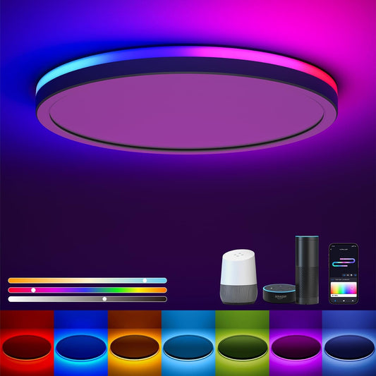 Matane Smart LED Ceiling Light WiFi, 12IN RGB Flush Mount Ceiling Light Fixture, 16 Million DIY Colors, Works with Alexa Google Home, 3000K-6500K Ceiling Lights for Bedroom, Living Room, White