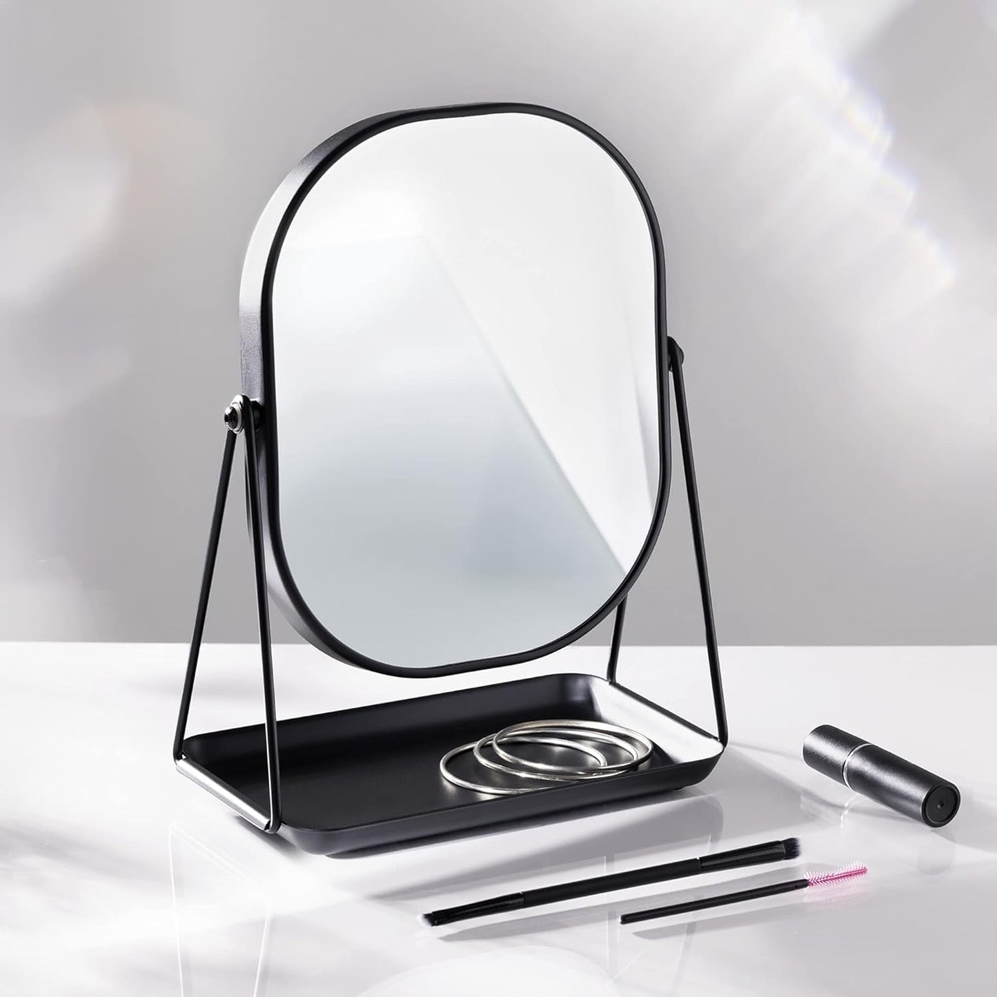 Navaris Makeup Mirror with Jewellery Box – Oval Make-Up Cosmetic Mirror 18 x 22.5 cm – 360° Swivel with Jewellery Tray – Black Design
