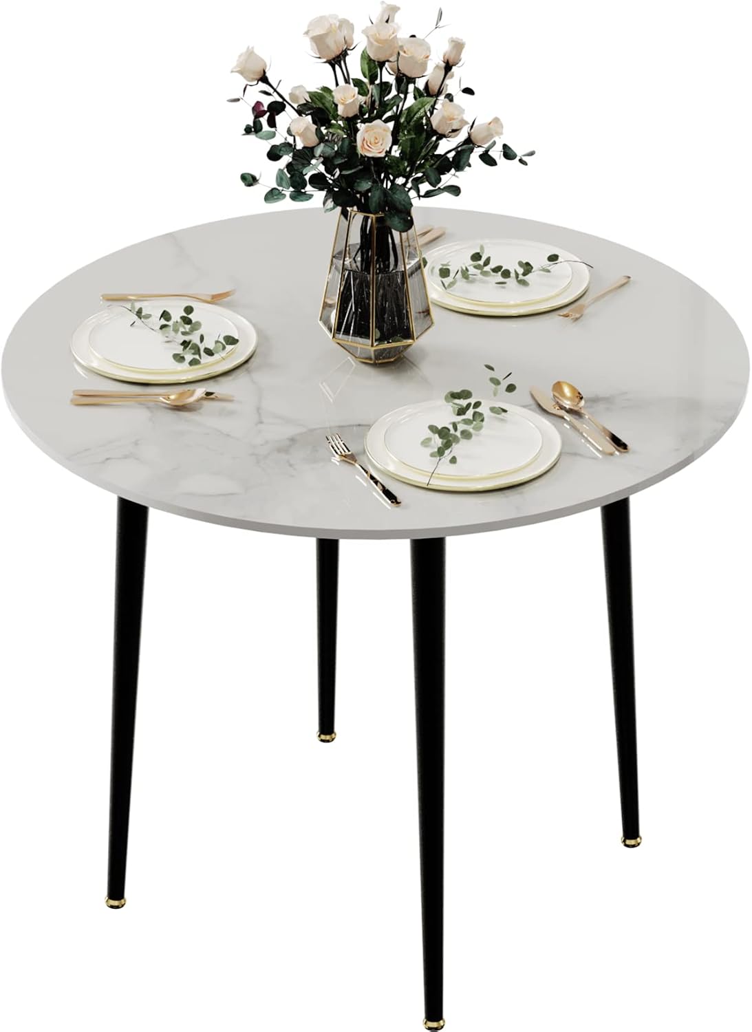 Kitchen Dining Table Marble Tabletop: Round 80cm Modern Sintered Stone High Gloss Grey Marble Top Dinner Tables 2 Seater with Tapered Metal Legs for Dining Room Coffee Shop Restaurant