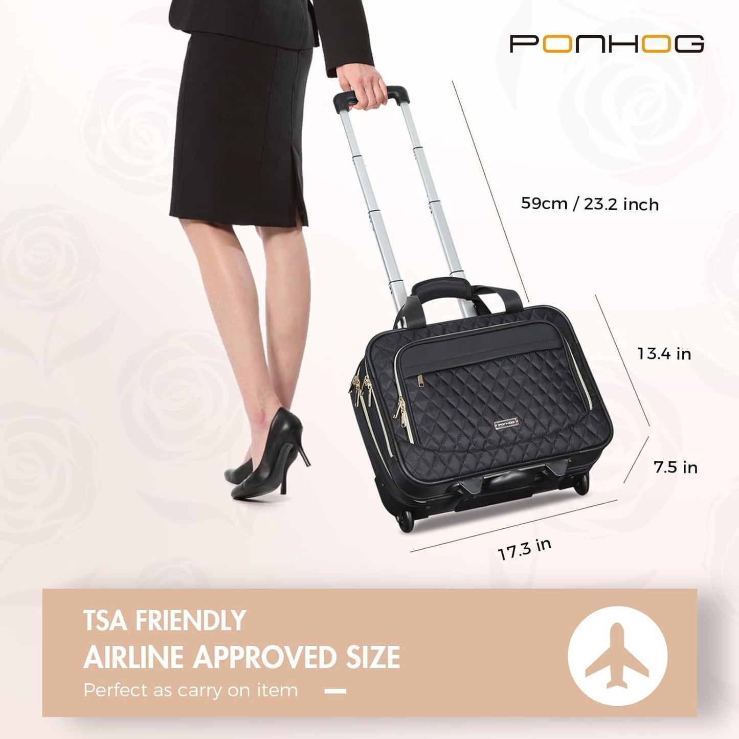Ponhog Rolling Laptop Bag with Wheels for Women - Rolling Briefcase 15.6 Inch Laptop Bag Flight Approved Trolley Bag Carry On Luggage for Work Travel College Computer Business Lightweight Black