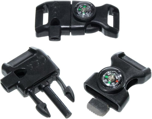 10 Piece Pack Black 5/8 Inch Compass Flint Firestarter Scraper Whistle Utility Buckles - Ideal for Camping, Paracord Bracelets, Outdoors, Emergency, Travel, Survival, Travel Kits