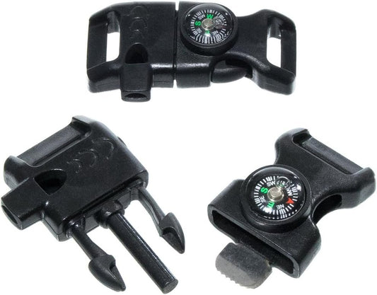 10 Piece Pack Black 5/8 Inch Compass Flint Firestarter Scraper Whistle Utility Buckles - Ideal for Camping, Paracord Bracelets, Outdoors, Emergency, Travel, Survival, Travel Kits