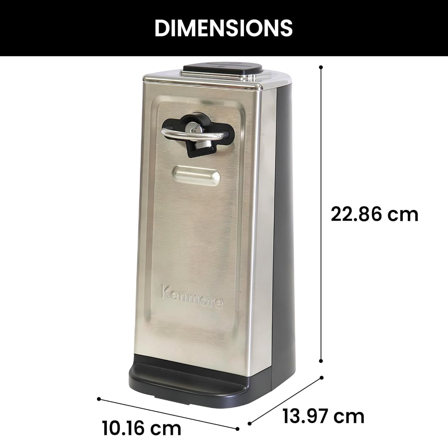 Kenmore Electric Can Opener - Extra-Tall, Smooth-Touch Side-Cut Blade, Safe Storage, Automatic Operation, Opens Regular & Pop-Top Cans, Black Steel Steel Camping Tool, Kitchen Gadget, Secure Grips