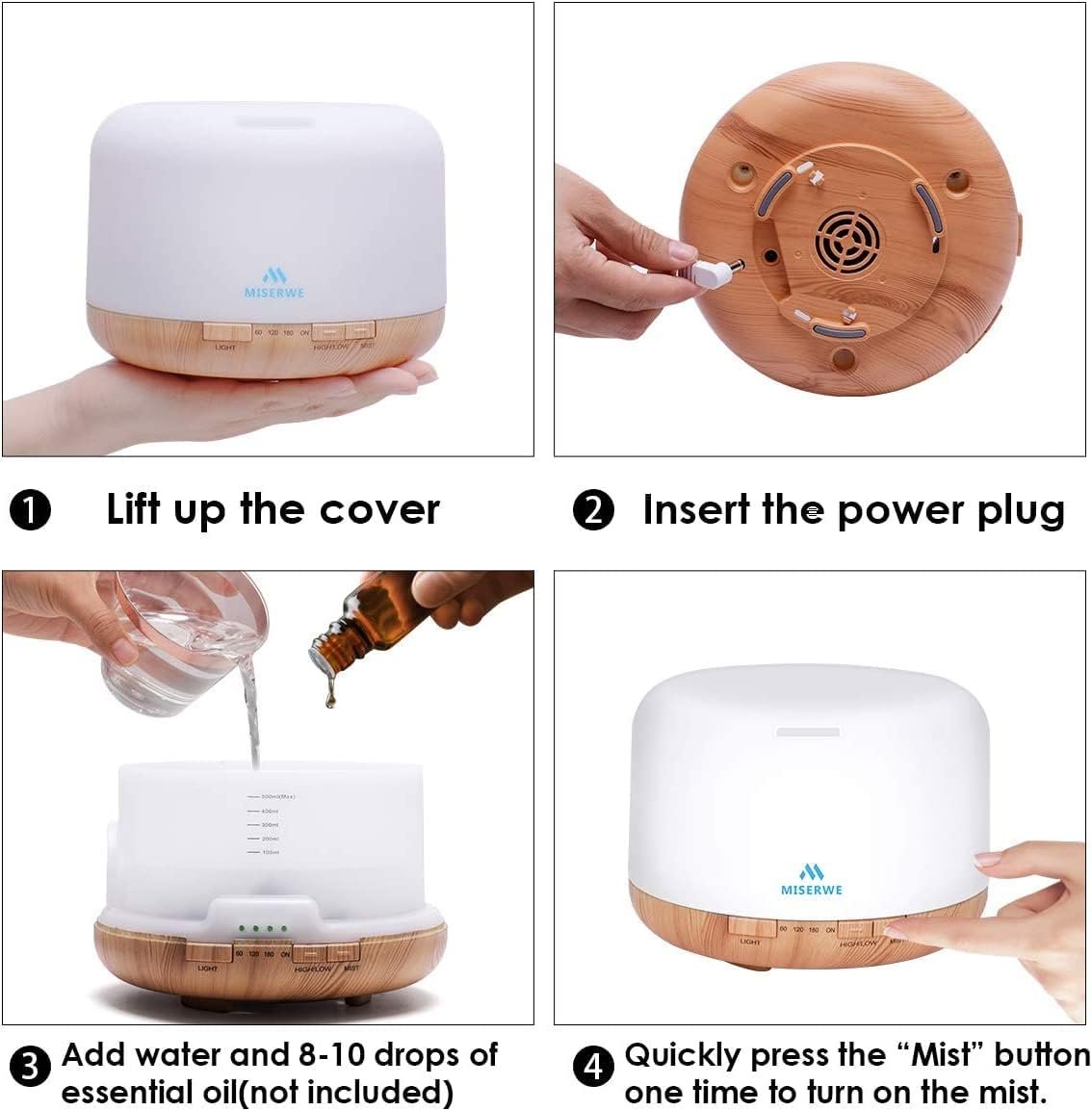Miserwe 500ml Essential Oil Diffuser with Remote Control, 7 Color LED Light, Automatic Shut Off, for Home