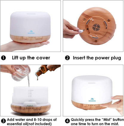 Miserwe 500ml Essential Oil Diffuser with Remote Control, 7 Color LED Light, Automatic Shut Off, for Home