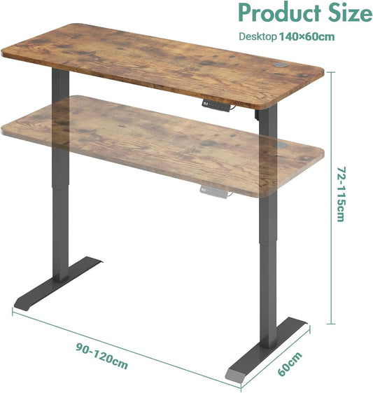 Ufurniture Electric Standing Desk, 72-115cm Height Adjustable Electric Computer Workstation with Smart Memory Lifting Base Sturdy Motor Sit Stand Up Table, Black Frame/Rustic Brown Desktop, 140x60cm
