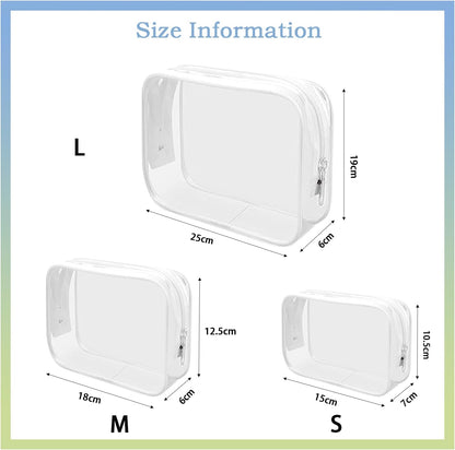 Jotia 3Pcs Clear Toiletry Bags, Clear Cosmetic Makeup Bag with Zippers, TSA Approved Travel Bag Clear Zippered Toiletry Carry Pouch Clear PVC Bags Portable Travel Luggage Pouch (White, S, M, L)