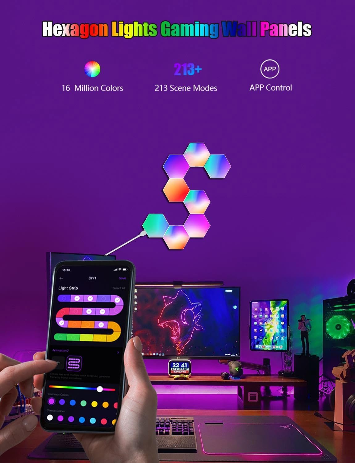 selfila Music Sync DIY Hexagon Lights - Smart APP and Remote RGB Wall Light Hexagonal Modular Gaming Light Honeycomb Shape Panels LED Lights for Bedroom Children Room Decor (8)