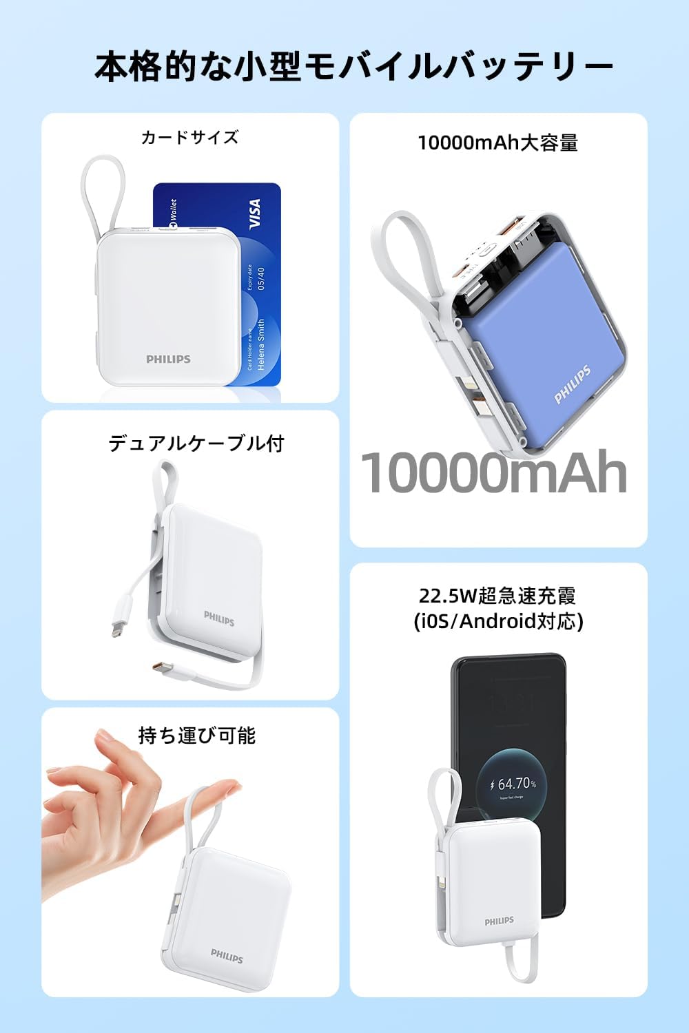 PHILIPS 22.5W Power Bank 2 in 1 | 10000mAh Laptop Portable Charger with Built-in USB-C USB-L Cable, PD Fast Charging Battery Pack for MacBook iPad iPhone 16 15 14 13 12 Samsung S25 S24