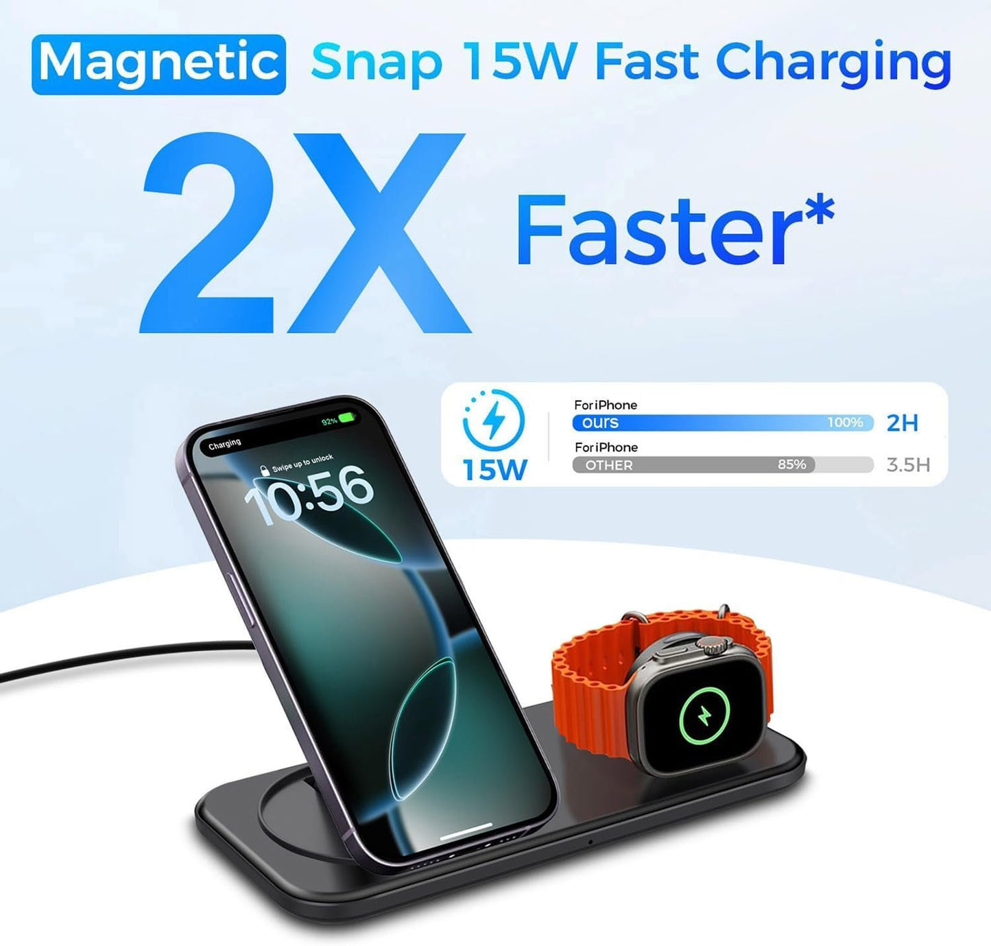 VNBBT 2 in 1 Wireless Charger for Mag-Safe Charging, 15W Fast Magnetic Wireless Charging Pad Stand for iPhone 16/15/14/13/12/Pro/Pro Max/Plus,AirPods,Apple Watch Series 10/9/8/7/6/SE/5/4/3/Ultra 2