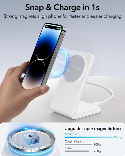 Meifigno 2-in-1 for Magsafe Charger Stand with [PD3.0 20W USB-C Charger Block & Cable] - Fast Charging Wireless Charger for iPhone 16/15/14/13/12 Pro Max, AirPods, White