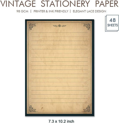Lined Vintage Stationary Paper and Envelopes Set 48 Sheets + 24 Envelopes Old Fashion Stationery Set 7.3 Inch x 10.2 Inch