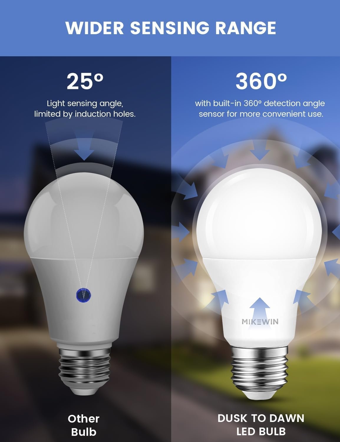 MikeWin Dusk to Dawn Light Bulbs Outdoor, Sensor A19 LED Light Bulb, 13W (100W Equivalent), 1000lm, Auto On/Off Photocell Automatic for Outdoor Lighting, for Porch Garage Yard, 3000K Warm White, 4Pack