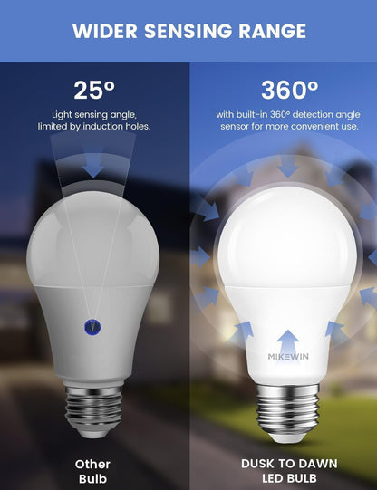 MikeWin Dusk to Dawn Light Bulbs Outdoor, Sensor A19 LED Light Bulb, 13W (100W Equivalent), 1000lm, Auto On/Off Photocell Automatic for Outdoor Lighting, for Porch Garage Yard, 3000K Warm White, 4Pack