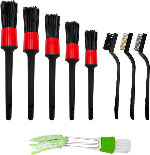 9 PCS Auto Car Detailing Brush Set, Auto Cleaning Brush Set Includes Detailing Brush, Wire Brush & Air Vent Brush, Vehicle Wash Kit for Interior & Exterior, Universal Car Accessories (Red)