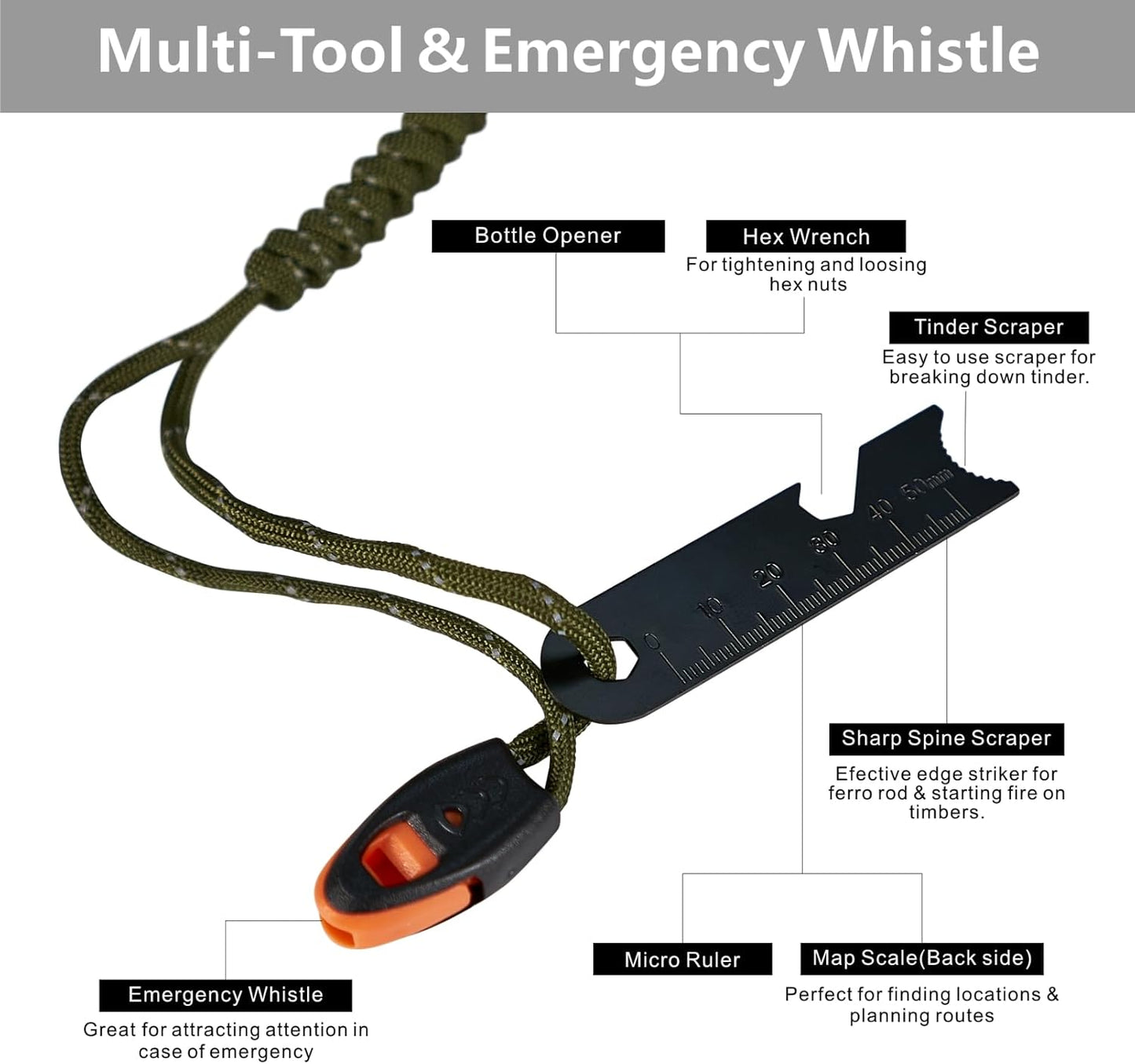 Fire Starter Survival Tool, 5/16" Ferro Rod 2 Pack with Paracord Lanyard, Multi-Tool Striker and Wooden Handle, Flint and Steel Fire Starter Kit for Your Hiking, Backpacking and Camping Essentials