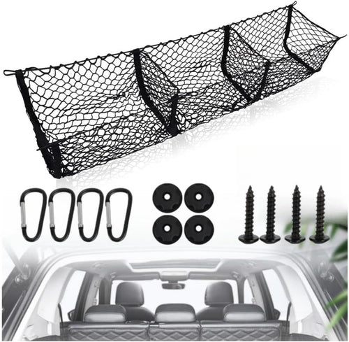 Ai-OUMLEEF Automotive Cargo Net,Detachable Cargo Net Trunk Bed Organizer, Cargo Net Trunk Bed Organizer with 4 Carabiners Accessories,Mesh Storage Net Heavy Duty Cargo Net with 3 Pocket(90*30*30cm)