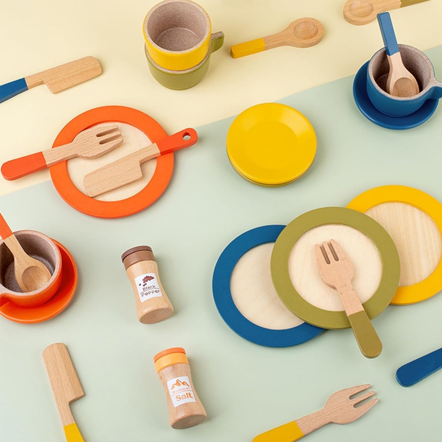 XICEN Wooden Dish Set for Kids, Play Dishes for Kids Kitchen, Wood Plates Set for Toddler, Montessori Wooden Kitchen Toys Accessories