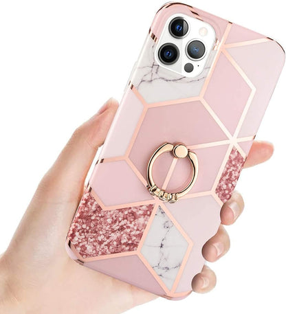 Manleno Compatible with iPhone 12 Pro Case iPhone 12 Case Marble with Ring Kickstand Glitter Sparkle Design Women Girls Slim Protective Phone Case Soft Bumper Cover for iPhone 12/Pro 6.1" (Rose Gold)