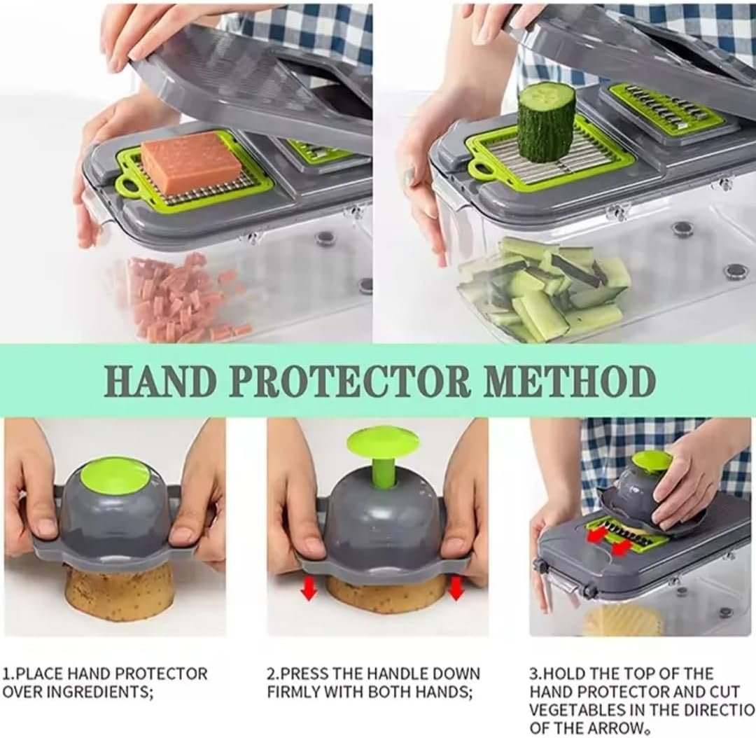 Supreme Kitchen 22 in 1 Multifunctional Veggie Chopper with Storage Container, Finger Protector, Cleaning Brush, Drain Strainer Green and Grey