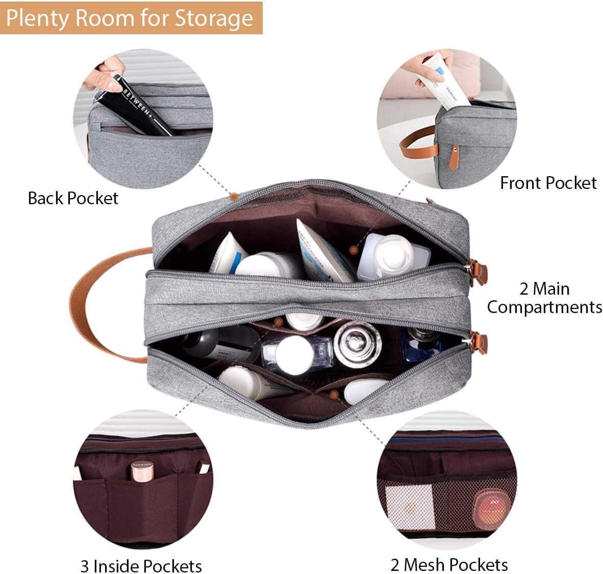 Kallsi Toiletry Bag for Men and Women, Portable Travel Shaving Dopp Kit Water-Resistant Storage Bag, Organizer Cosmetic Bags for Accessories, Grey