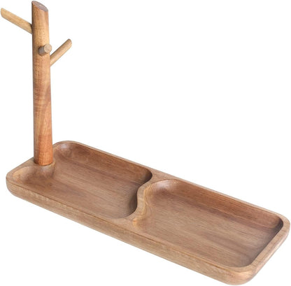 Acacia Wood Key Tray for Entryway Table - Jewelry, Ring, Phone, Bracelet & Watch Organizer with 3 Hanging Stands - Modern Catchall Tray for Home Organization