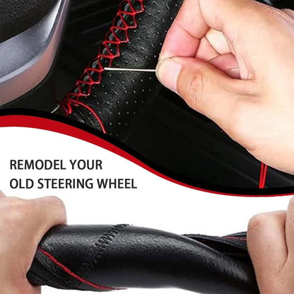 DIY Soft Leather Car Steering Wheel Cover with Needle and Thread | 38cm Diameter Steering Wheel Cover | Black Leather with Red Thread | Car Accessories Interior Car Steering Wheel Cover