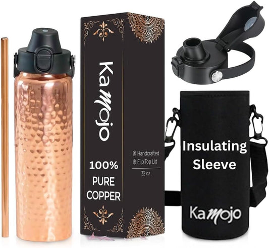 Kamojo Copper Water Bottle for Drinking - Hammered 100% Pure Copper Tumbler with Push Button Lid, Removable Insulating Sleeve & Straw - Handcrafted 32 fl oz Ayurvedic Cup for Water