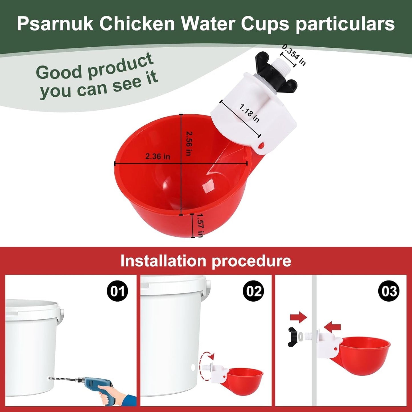 Psarnuk Chicken Waterer Cups (16 Pack/Red) - DIY Automatic Large Chicken Water Feeder for Ducks Quail and Various Poultry Dispenser with Matching Drill, Double Rubber Ring, Not Leaking Wate