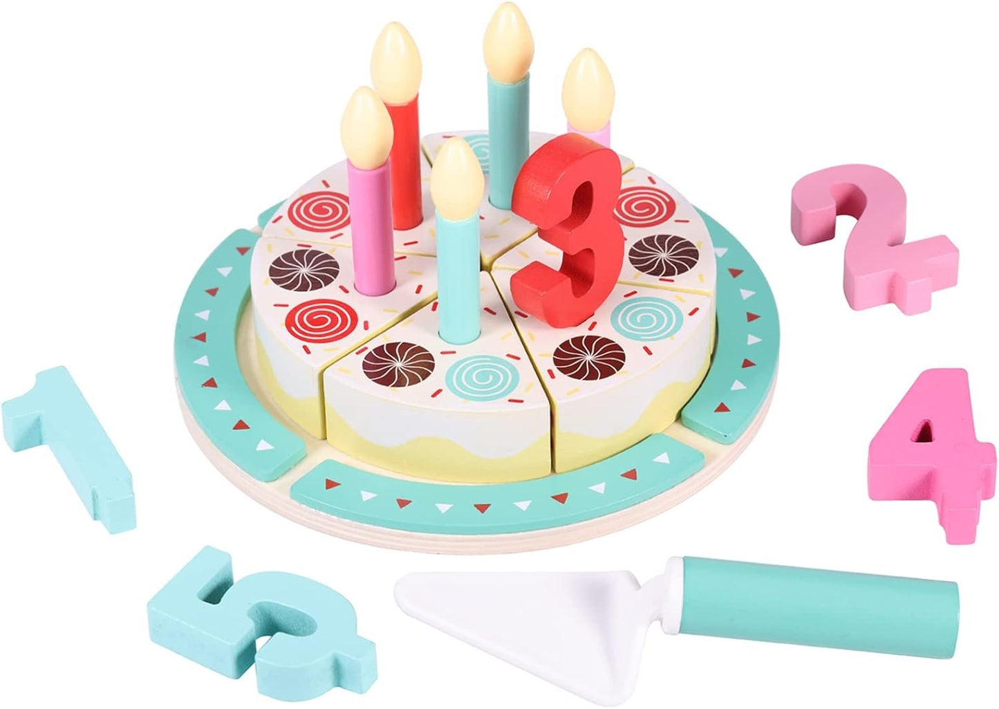 Inhahland Birthday Cake Cutting Toys, Wooden Play Food Set for Kids Toddlers, Pretend Play Kitchen Toys for Boys Girls