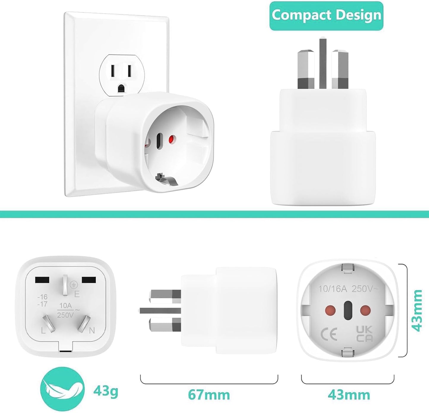 3 Travel Adapters Australia, Germany to Australia, Travel Adapter, Type I Australia, Travel Plug for Australia China, Argentina, New Zealand, Fiji
